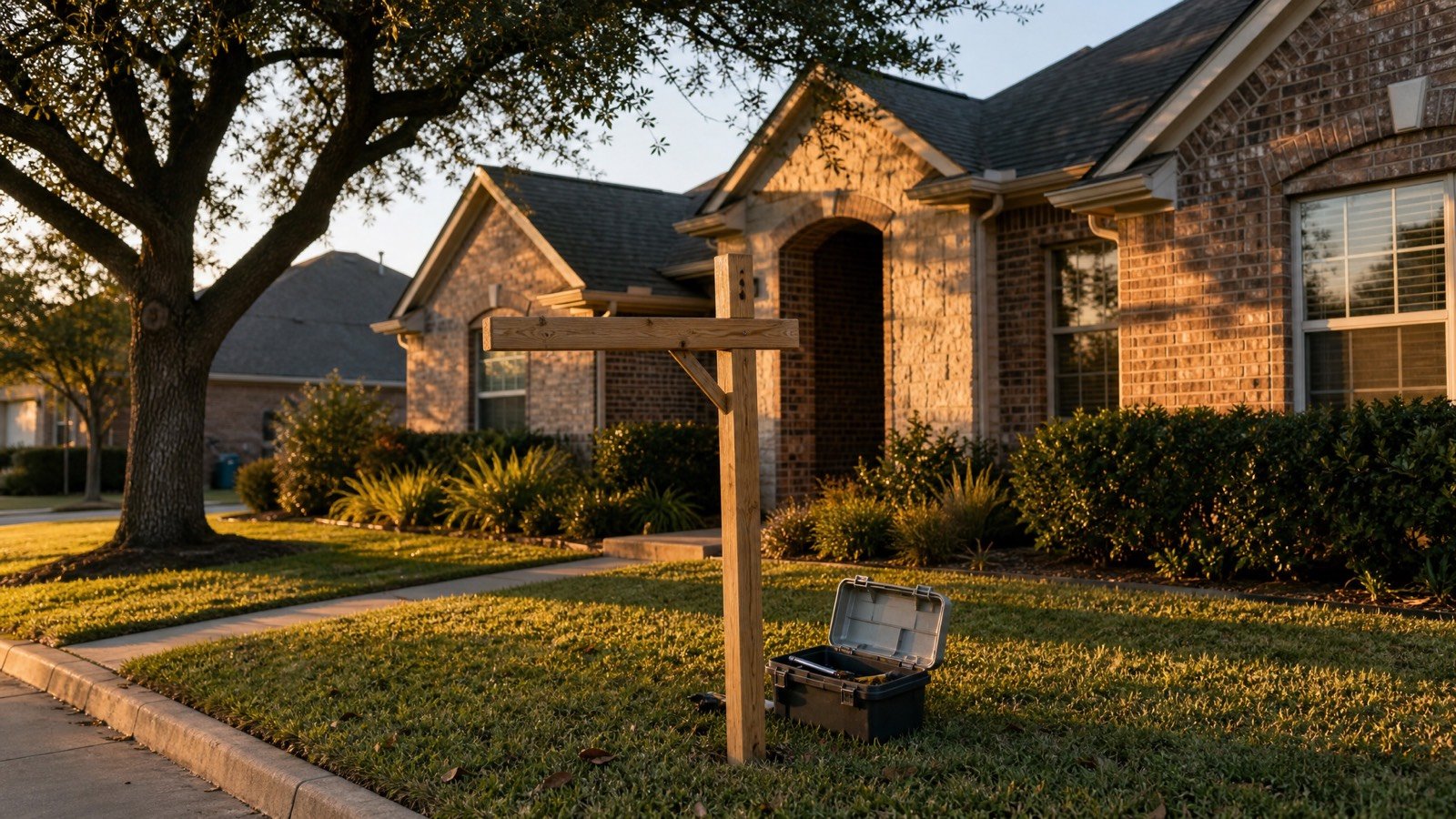 Brick Houston area house at golden hour with a blank sign post and a toolbox on the lawn