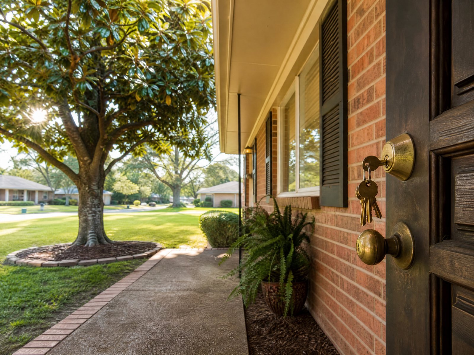 Front door with keys in the lock on a Houston home
