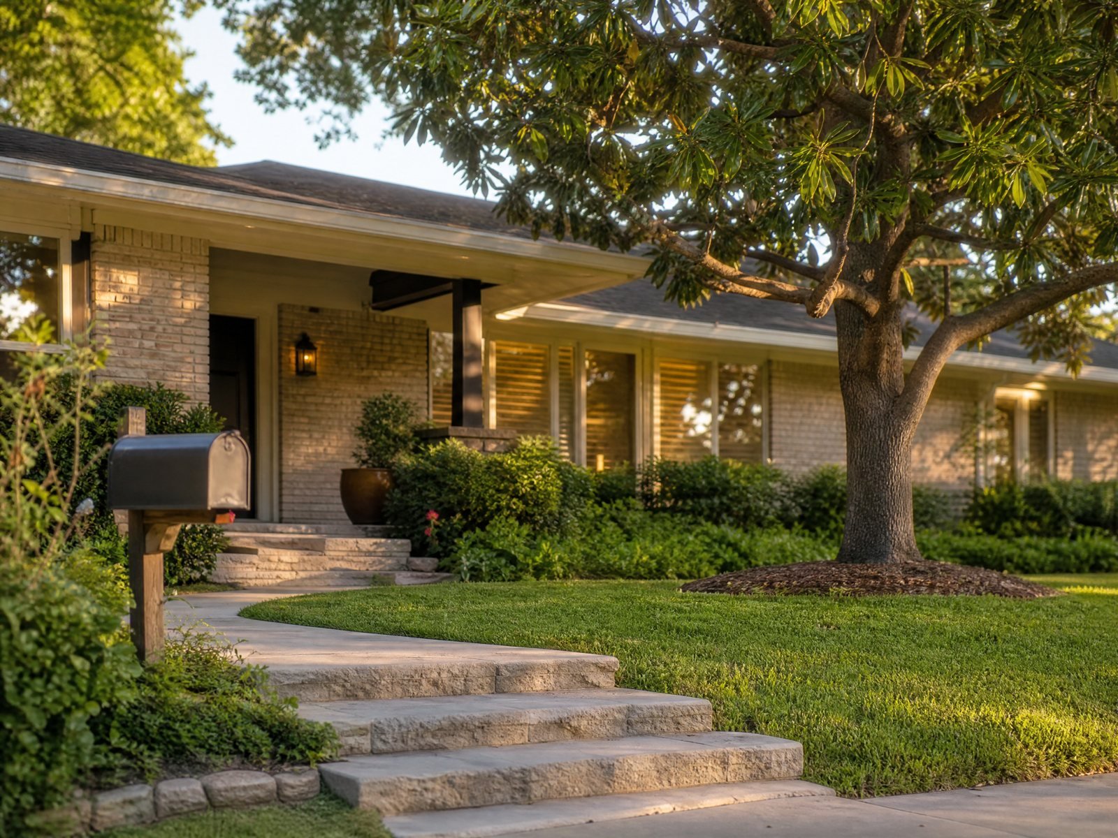 Front porch steps and mailbox on a Houston street