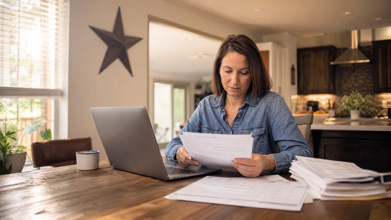 Houston homeowner at a kitchen table reviewing closing paperwork on a laptop